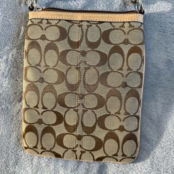 Coach Signature Logo Canvas Mini Crossbody Bag Tan & Brown Zipper Closure - Picture 2 of 12